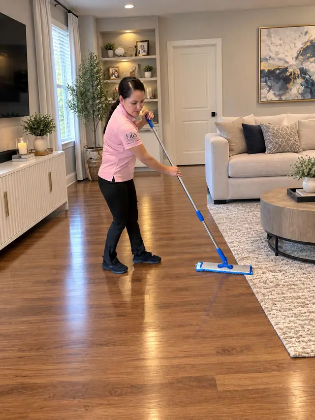 Edis cleaner at work — hardwood cleaned to a warm shine